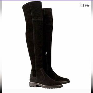 New w/o box, Tory Burch Lug Sole Suede Black Over-the-Knee Women's Boots, Size 7